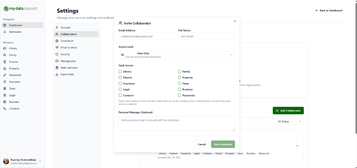 Enter the collaborator's details, set the access level, and choose which vault sections to share